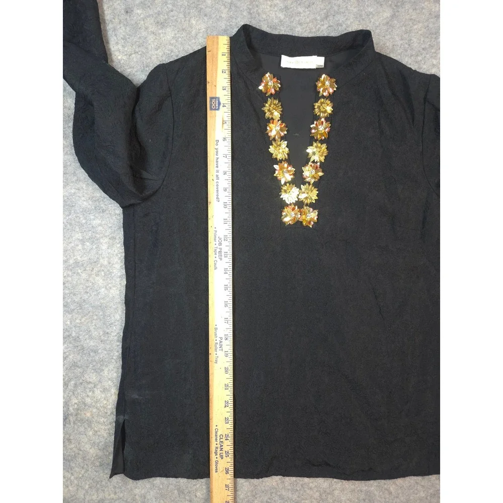 Tory Burch Black Silk Jacquard Embellished Tunic Top Size 12 Floral Blouse Shirt